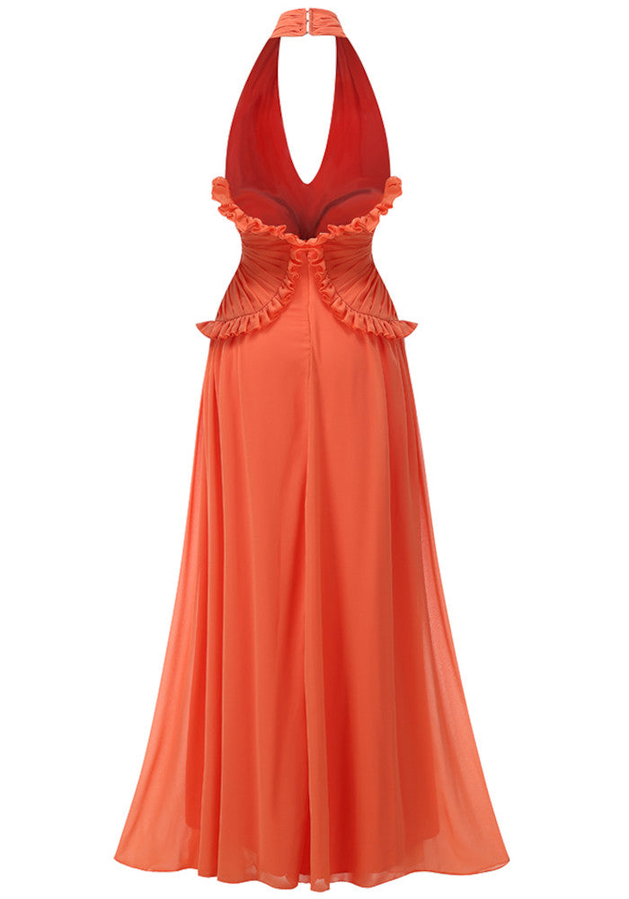 Halter Ruffle Detail A Line Maxi Dress Orange