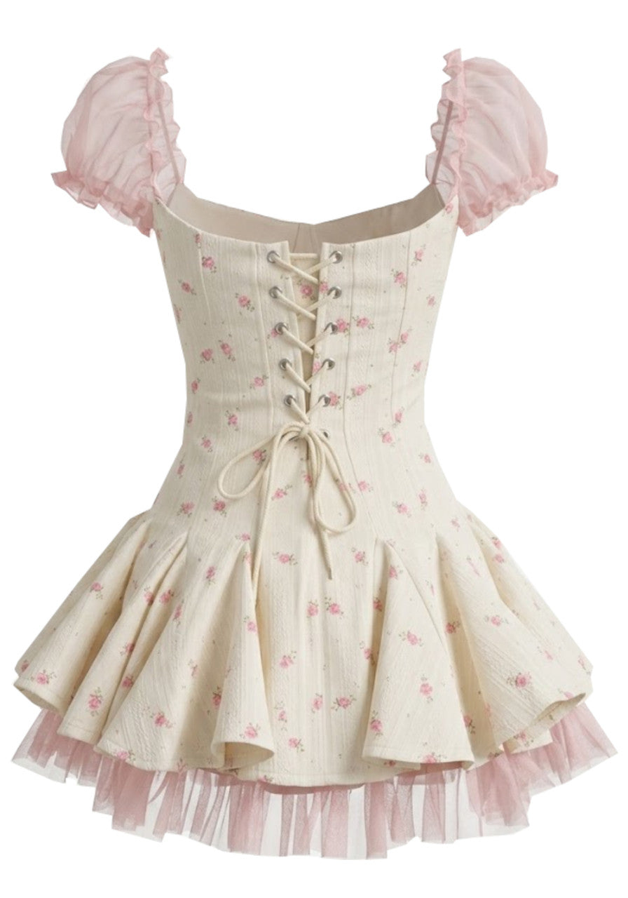 Short Sleeve Floral A Line Corset Dress Pink