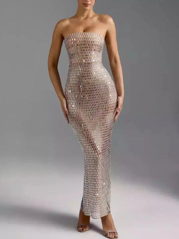 Crystal-Embellished Long Strapless Tube Dress