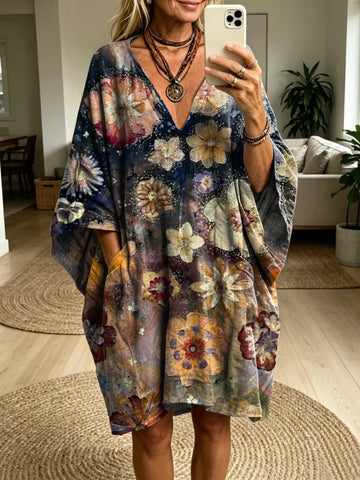 Women's Retro Oil Painting-Style Floral Art Print Casual Fashion Batwing Sleeve Dress