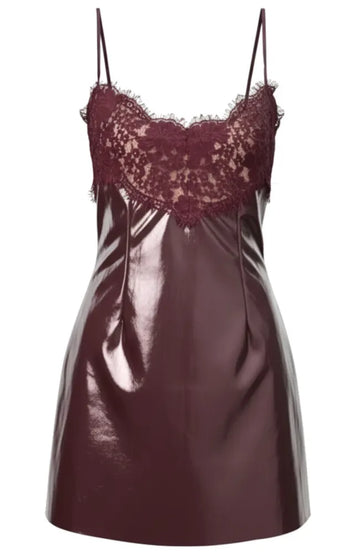 Lace Insert Faux Leather Dress Burgundy