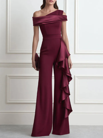 Asymmetric One-Shoulder Cascading Ruffle Satin Wide-Leg Jumpsuit