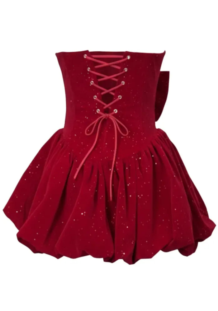 Strapless Sparkly Corset Bubble Velvet Dress Red