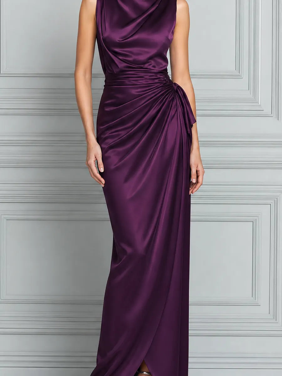 Purple Dress Fall Wedding Guest Dress Draped Satin Maxi Dress
