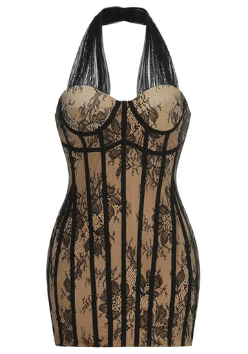 Halter Lace Bustier Dress Black