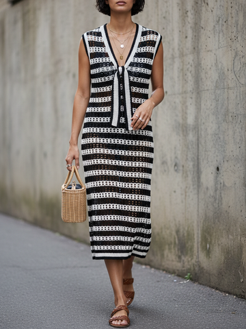Women's Minimalist Tie-Strap V-Neck Sleeveless Striped Knit Midi Dress MDZ1611D1Y