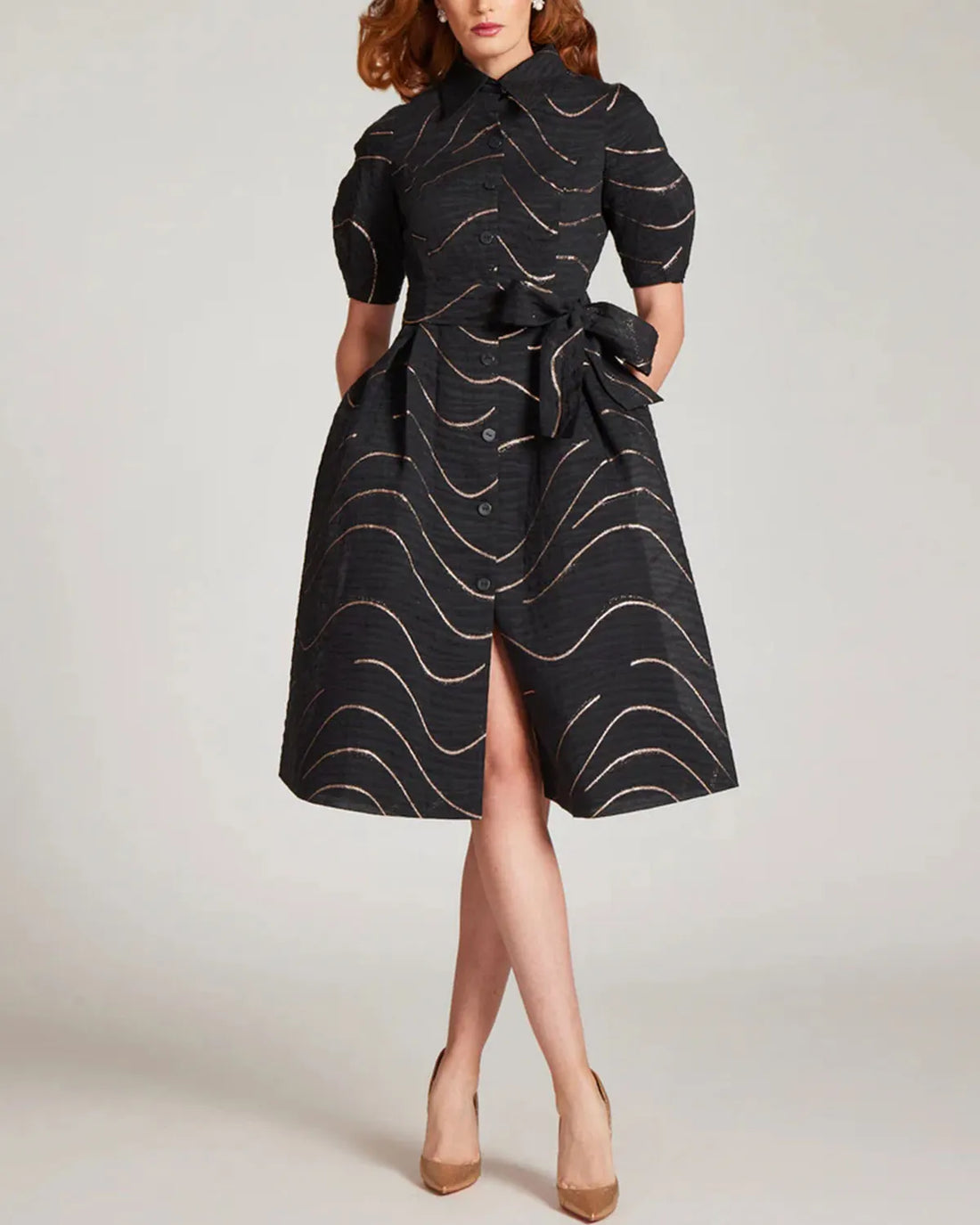 Puff Sleeve Shirt Dress With Metallic Swirl