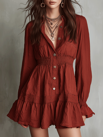 Romantic Boho Rust Red Ruffle Mini Dress