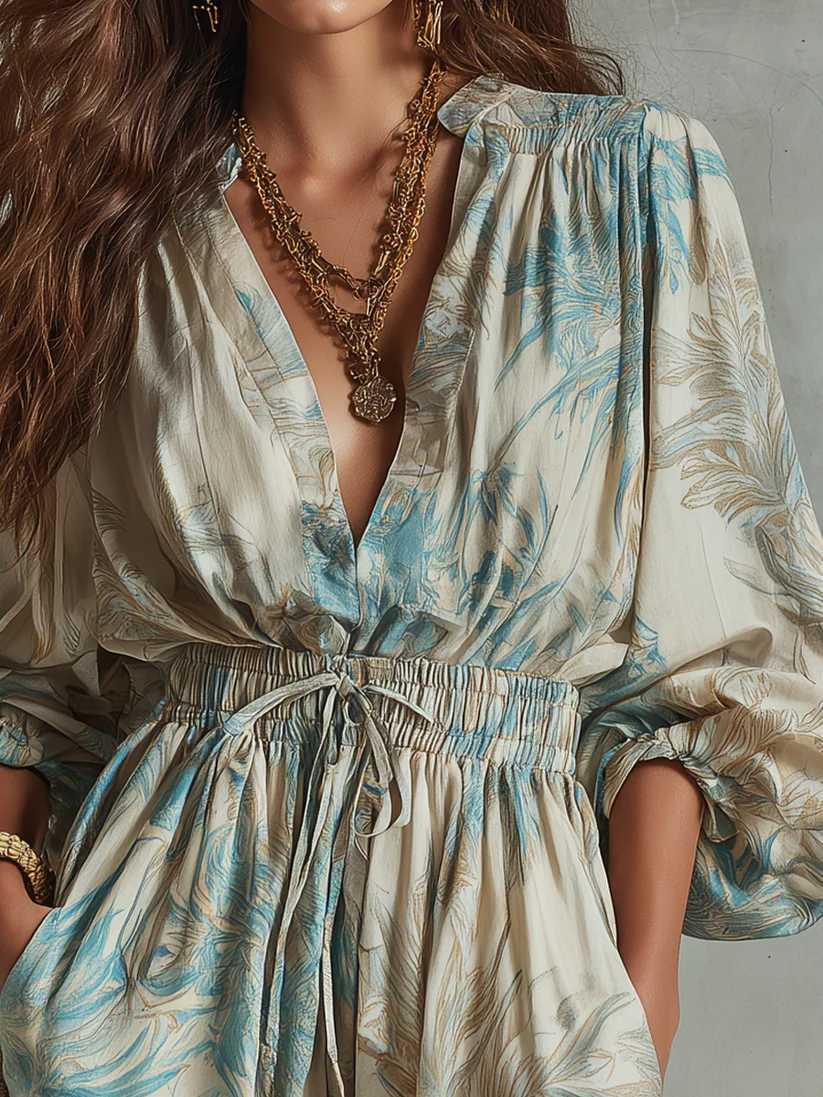 Beige Print V Neck Short Set