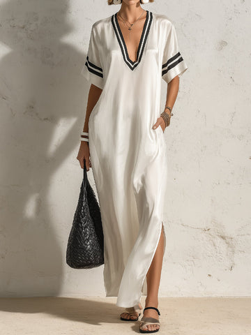 Minimalist Satin V-Neck Short-Sleeve Loose Maxi Dress