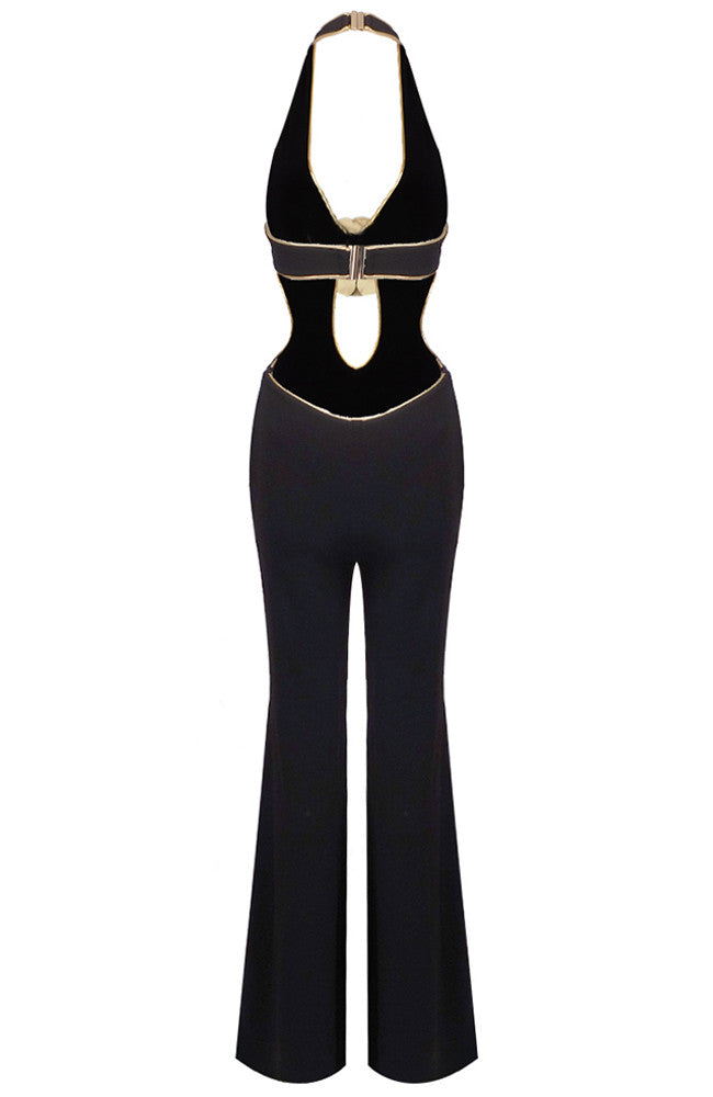 Halter Floral Jumpsuit Black Gold