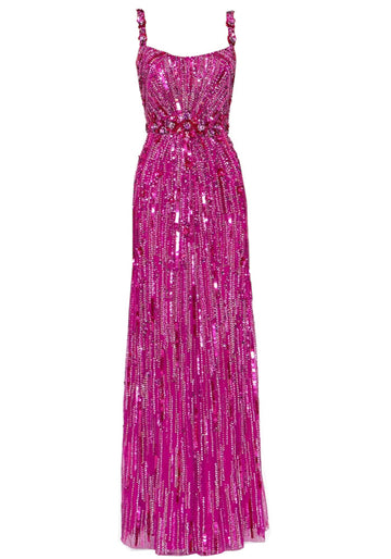Crystal Floral Strap Sequin Maxi Dress Hot Pink