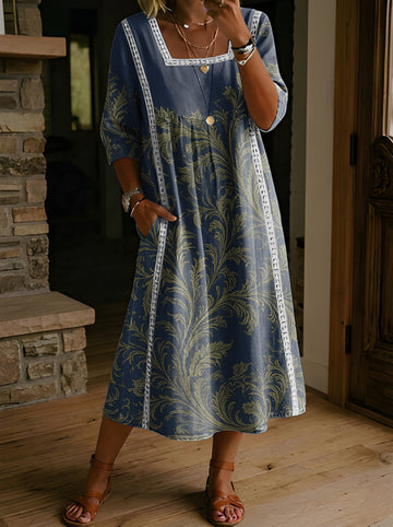 Women's Folk Printed Square Neck Hollow Cotton Pocket Dress