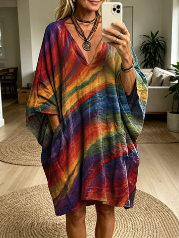 Women's Retro Hippie Tie-Dye Art Print Batwing Sleeve Casual Fashion Dress