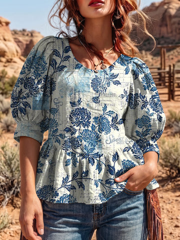 Women's Vintage Art Puff Sleeve Top