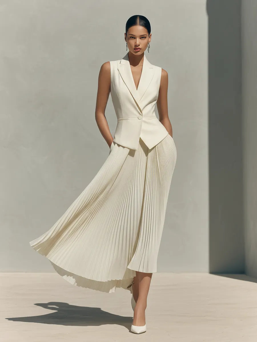 Women's Ivory Tailored Two-Piece Set With Blazer Vest & Pleated Midi Skirt, Timeless Sophisticated-Chic Formal Outfit MDZ2301D8LYL
