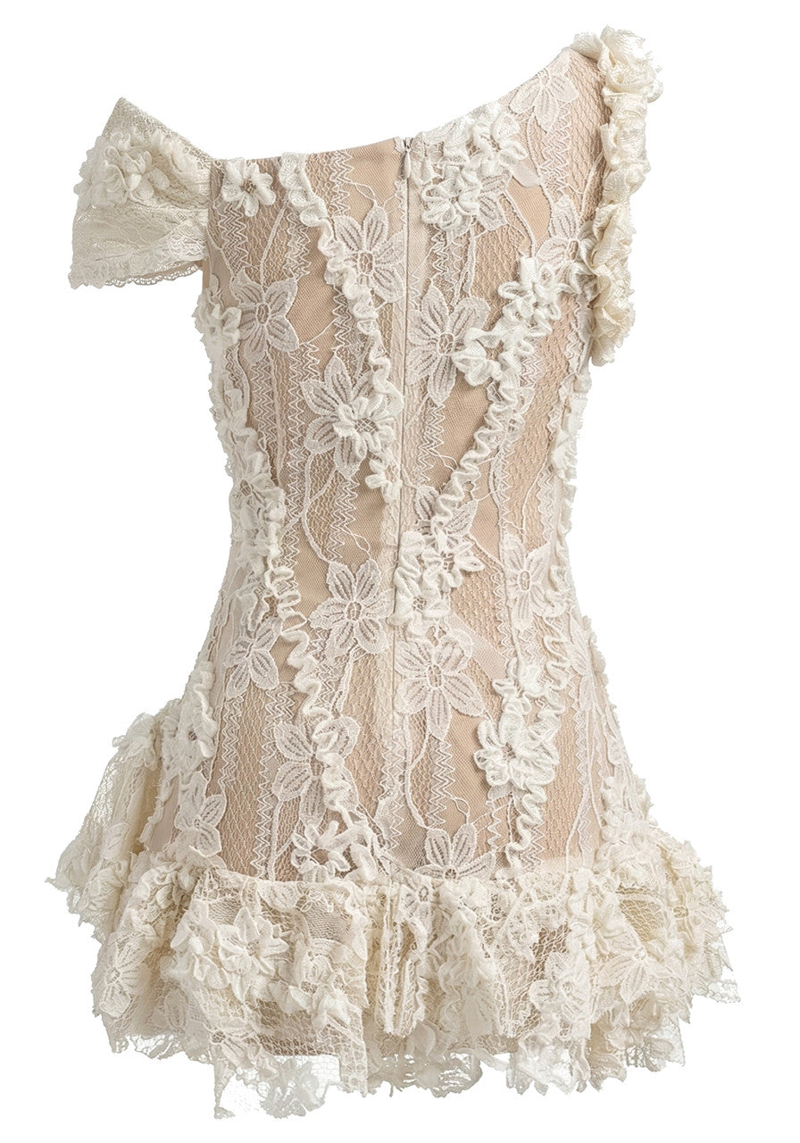 One Shoulder Bardot Floral Lace Dress Ivory