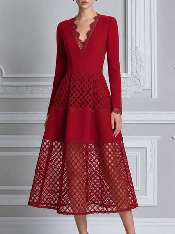 Red Dress Lace Fall Wedding Guest Dress V Neck A-Line Midi Dress