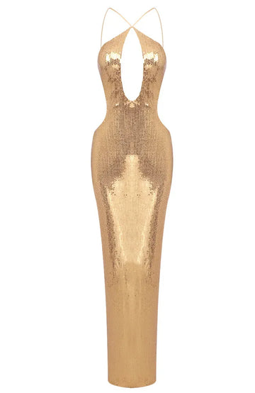 Halter Sequin Backless Maxi Dress Gold