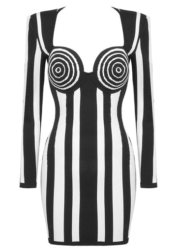 Long Sleeve Bustier Striped Dress Black White