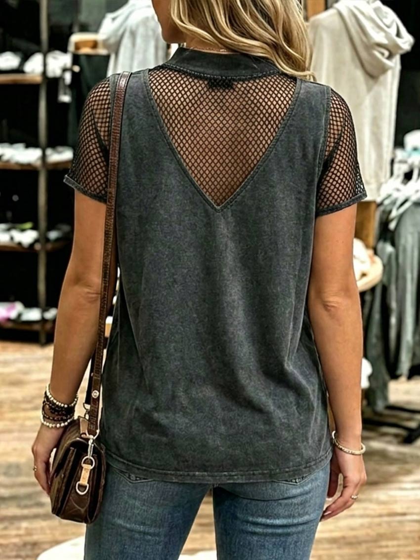 Boho Mock Neck Fishnet Inset Top