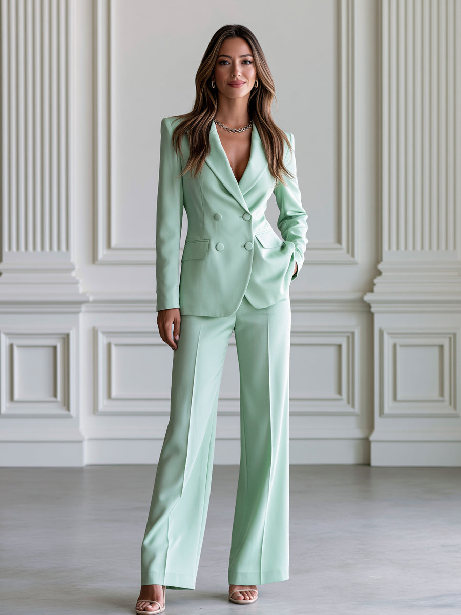 Double Breasted Blazer & Wide Leg Pants Two Piece Suit