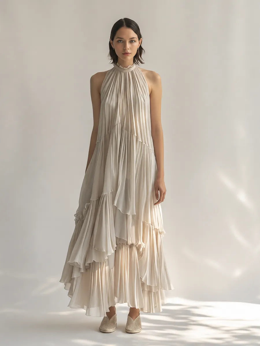 Women's Elegant & Minimalist Off-White Sleeveless Chiffon Maxi Dress — Ruffled Collar & Tiered Pleats MDZ2515D1ZJW