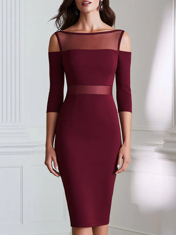 Elegant Cold Shoulder Mesh Panel Bodycon Midi Dress