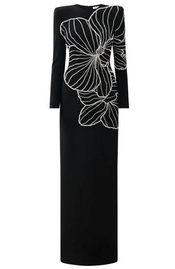 Long Sleeve Crystal Floral Embellished Maxi Dress Black