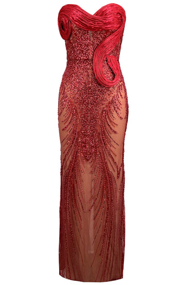 Strapless Draped Sequin Maxi Dress Red