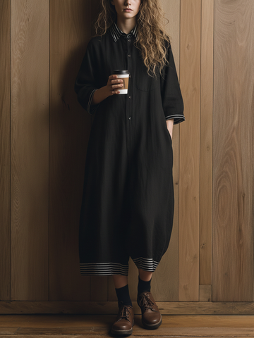 Women's Casual Style Black Cotton And Linen Striped Collared Short-Sleeved Capri Jumpsuit MDZ2052D2GMJ