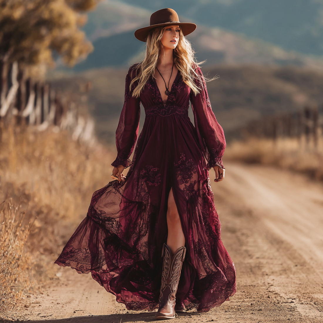 Women's Vintage Bohemian Elegance In A Wine Red Lace Maxi Dress