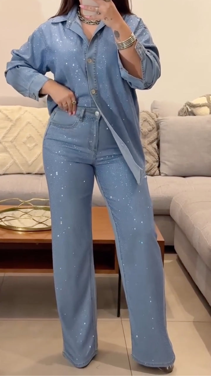 Light Blue Rhinestone Embellished Denim Shirt Wide Leg Pants Set