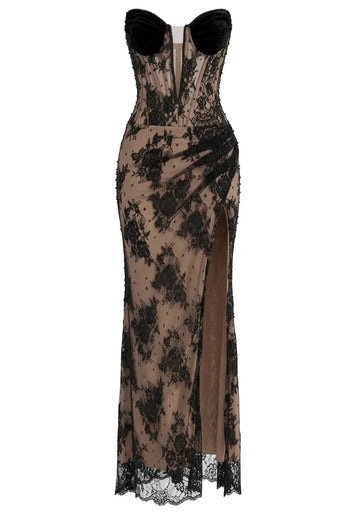 Strapless Embellished Structured Lace Maxi Dress Black