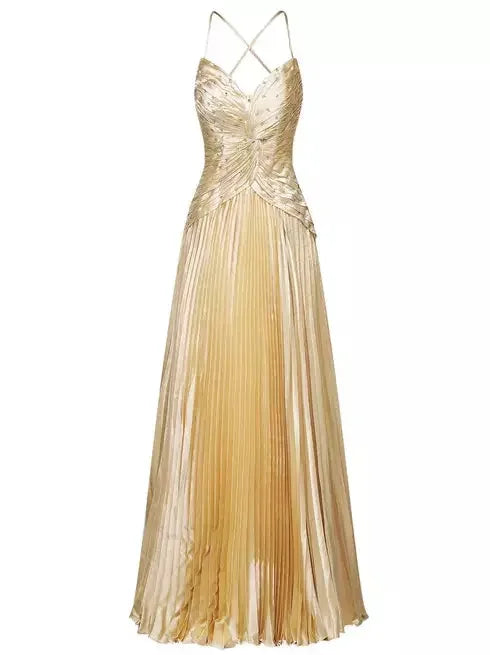 Embellished Gold Pleated Gown with Back Lace-Up Detail