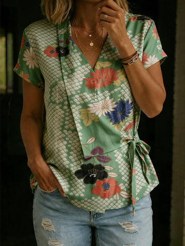 Women's Vintage Ethnic Floral Print Casual Cross-over Tie Neck Top