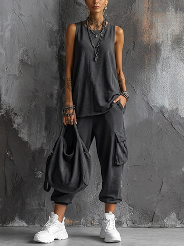 Women's Casual Style Dark Gray Cotton Blend Sleeveless Top + Jogger Cargo Pants Set MDZ2365D7GMJ