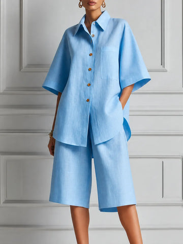 Sky Blue Linen Shirt & Bermuda Shorts Two-Piece Set