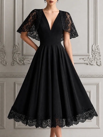 Black Lace Dress Fall Wedding Guest Dress Cape Sleeve A-Line Midi Dress