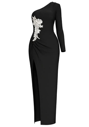 One Sleeve Crystal Floral Detail Maxi Dress Black
