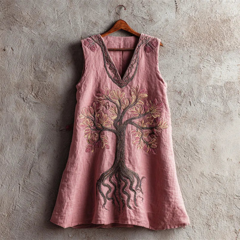Vintage Pink Tree Of Life Embroidered Linen Tank Top