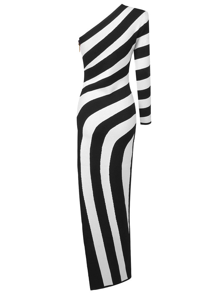 One Sleeve Striped Maxi Dress Black White