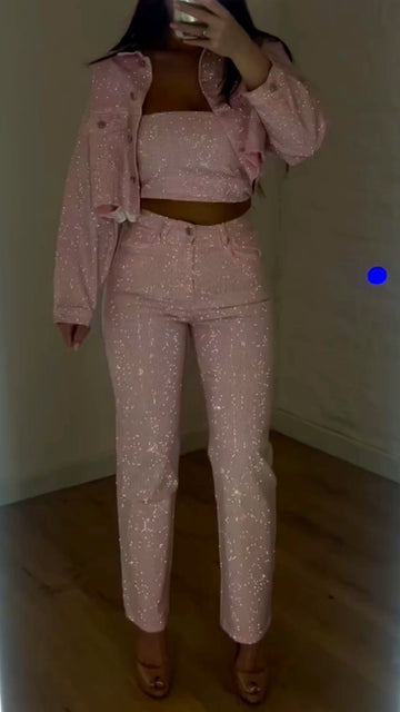 Rhinestone Embellished Denim Crop Top Shorts Three Piece Set