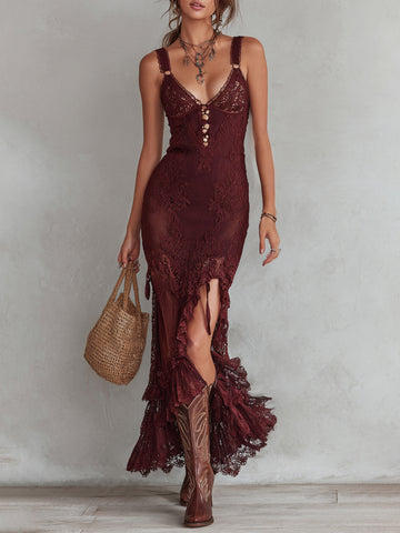Lace Sheer Bodycon Dress With High Slit And Ruffled Hem For Boho Chic Look