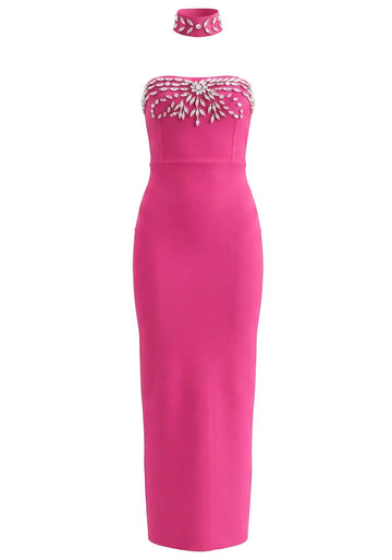 Strapless Crystal Choker Maxi Dress Hot Pink