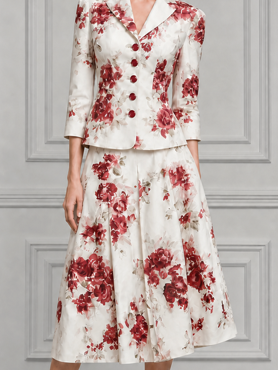 Ivory Watercolor Red Rose Print Tailored Blazer & Pleated A-Line Midi Skirt Two-Piece Suit Set