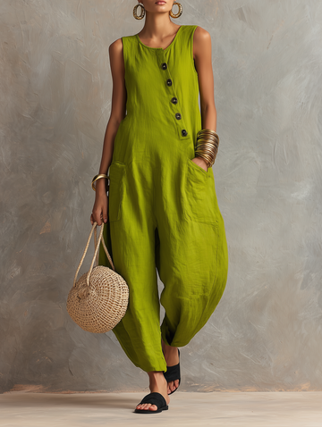Women's Minimalist Loose-Fit Linen-Blend Sleeveless Jumpsuit With Asymmetrical Buttons MDZ2567D3Y
