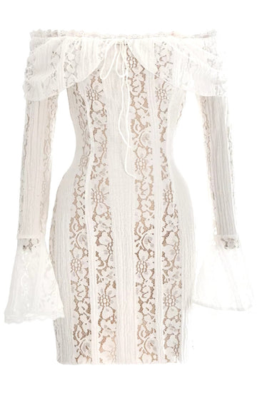 Long Sleeve Bardot Lace Insert Dress White
