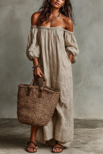 Linen Blend Striped Print Loose Off-shoulder Casual Maxi Dress