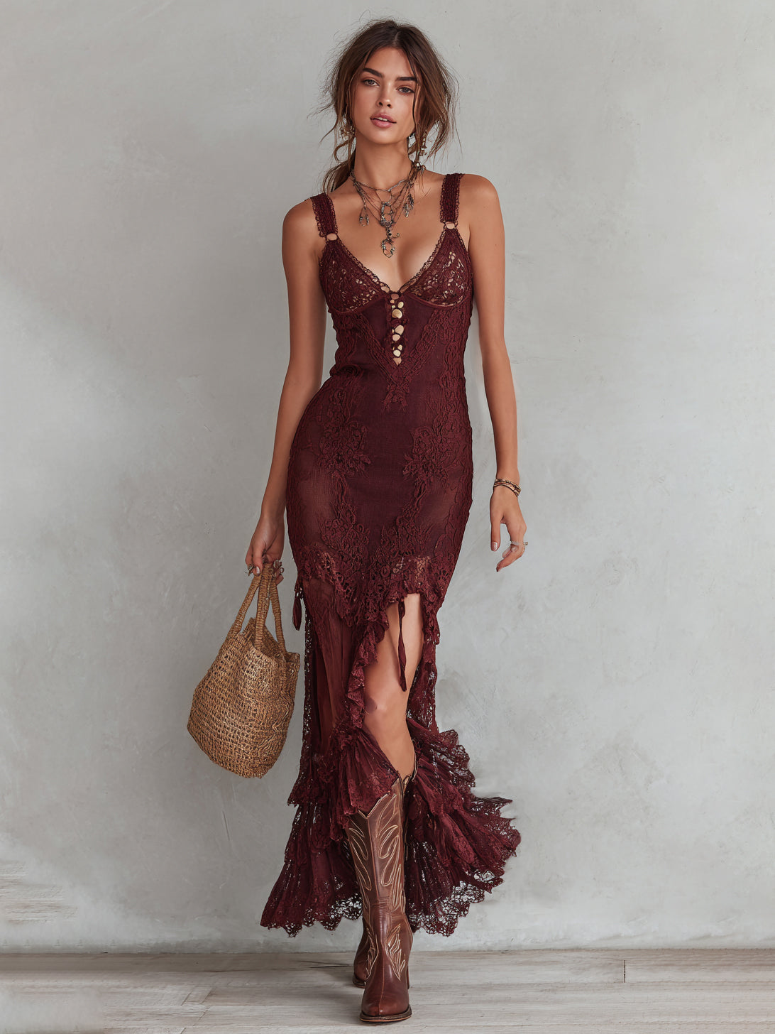 Lace Sheer Bodycon Dress With High Slit And Ruffled Hem For Boho Chic Look